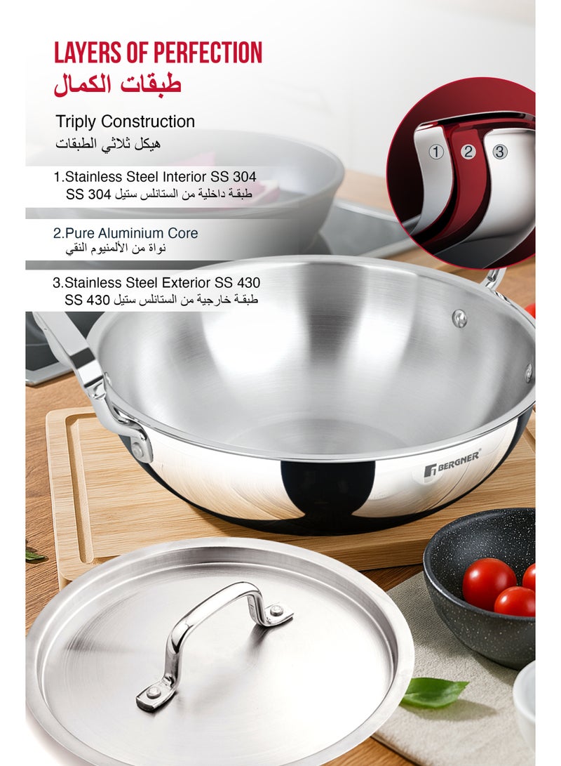 Bergner TriPro 30cm (6L) Tri-Ply Stainless Steel Deep Stir-Fry Pan, Kadai with Lid, Healthy Cooking with Less Oil, Metal Spatula Friendly Wok, Stay-Cool Handles, Induction & Gas Stove Compatible - Image 3